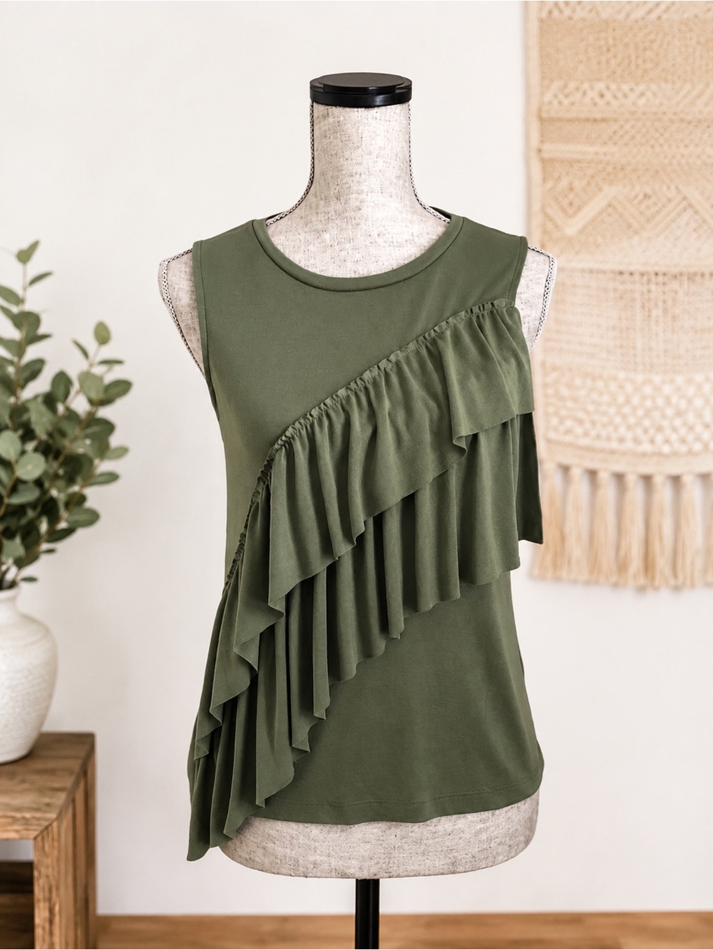 J.Crew Olive Green Asymmetrical Ruffle Tank Top Sleeveless Knit Blouse Small